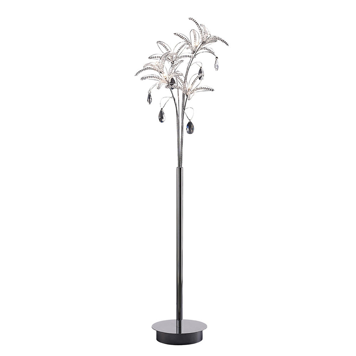 The Kenzo 6 Light Crystal Floor Lamp in polished chrome features a tall, modern design with multiple curved branches, leaf-like accents, hanging crystals, and a round base for an elegant touch.