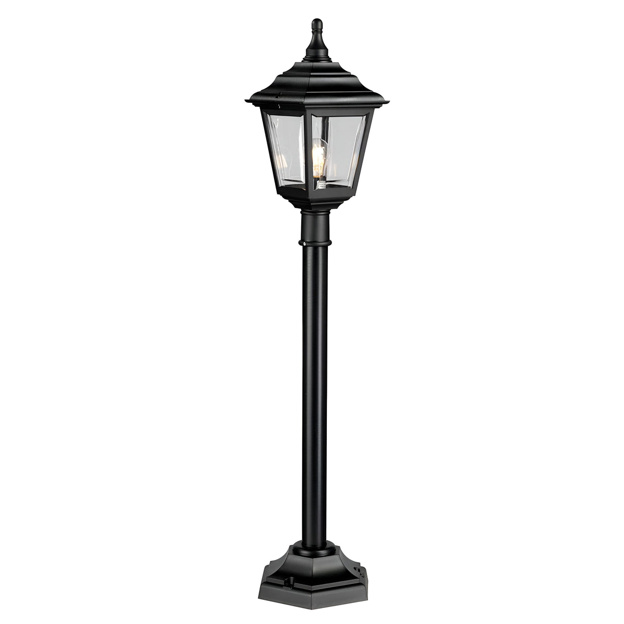 The Kerry 1 Light Pillar Light in black features a square lantern design with a visible light bulb and stands on an elegant hexagonal base. Built to resist corrosion and with an impact-resistant construction, it provides reliable outdoor lighting and ensures long-lasting durability.