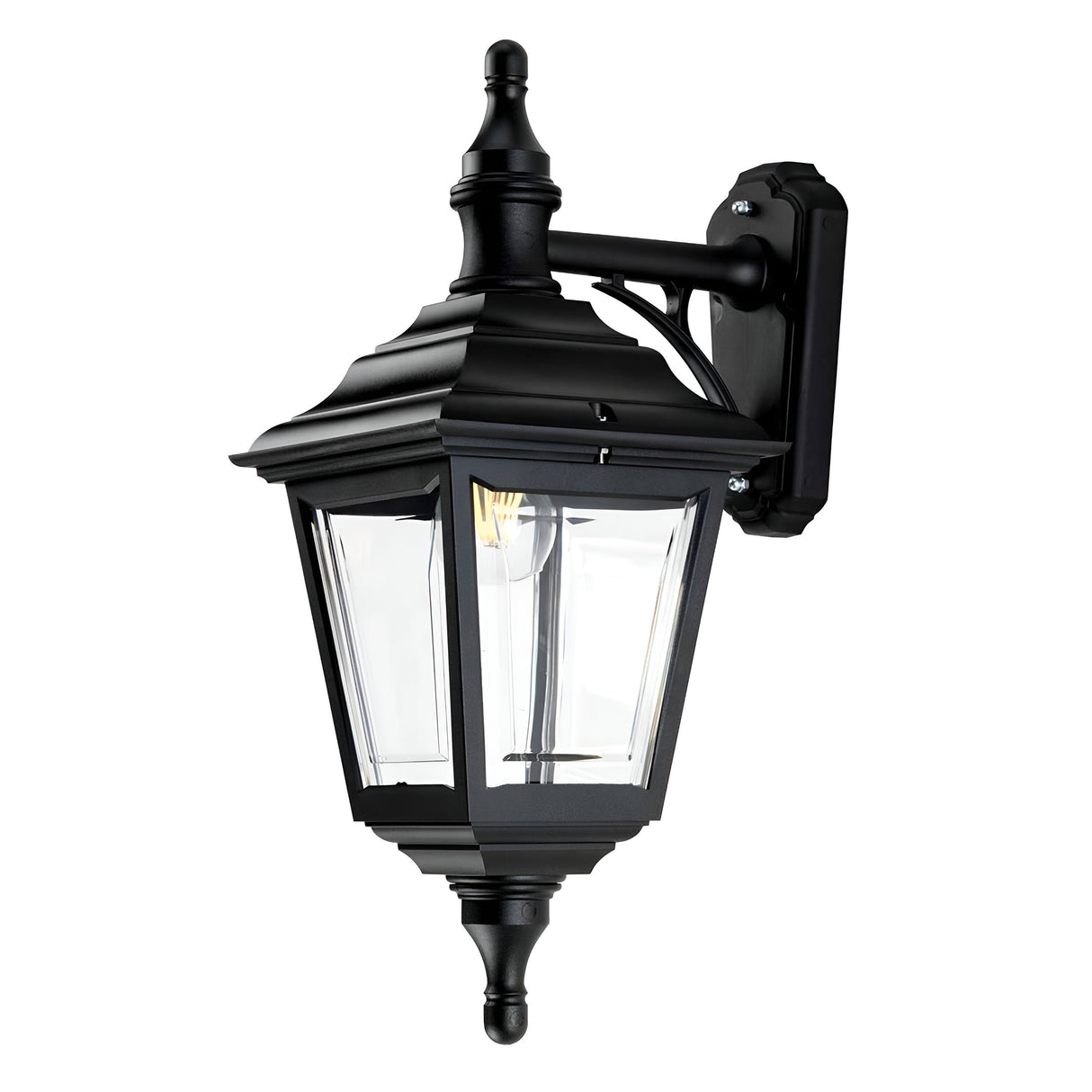 The Kerry 1 Light Outdoor Wall Light in black combines vintage style with a classic design, showcasing clear glass panels and a decorative finial on top. Crafted from corrosion-resistant black polymer, this IP44 rated lantern is mounted on a bracket, making it perfect for exterior lighting.