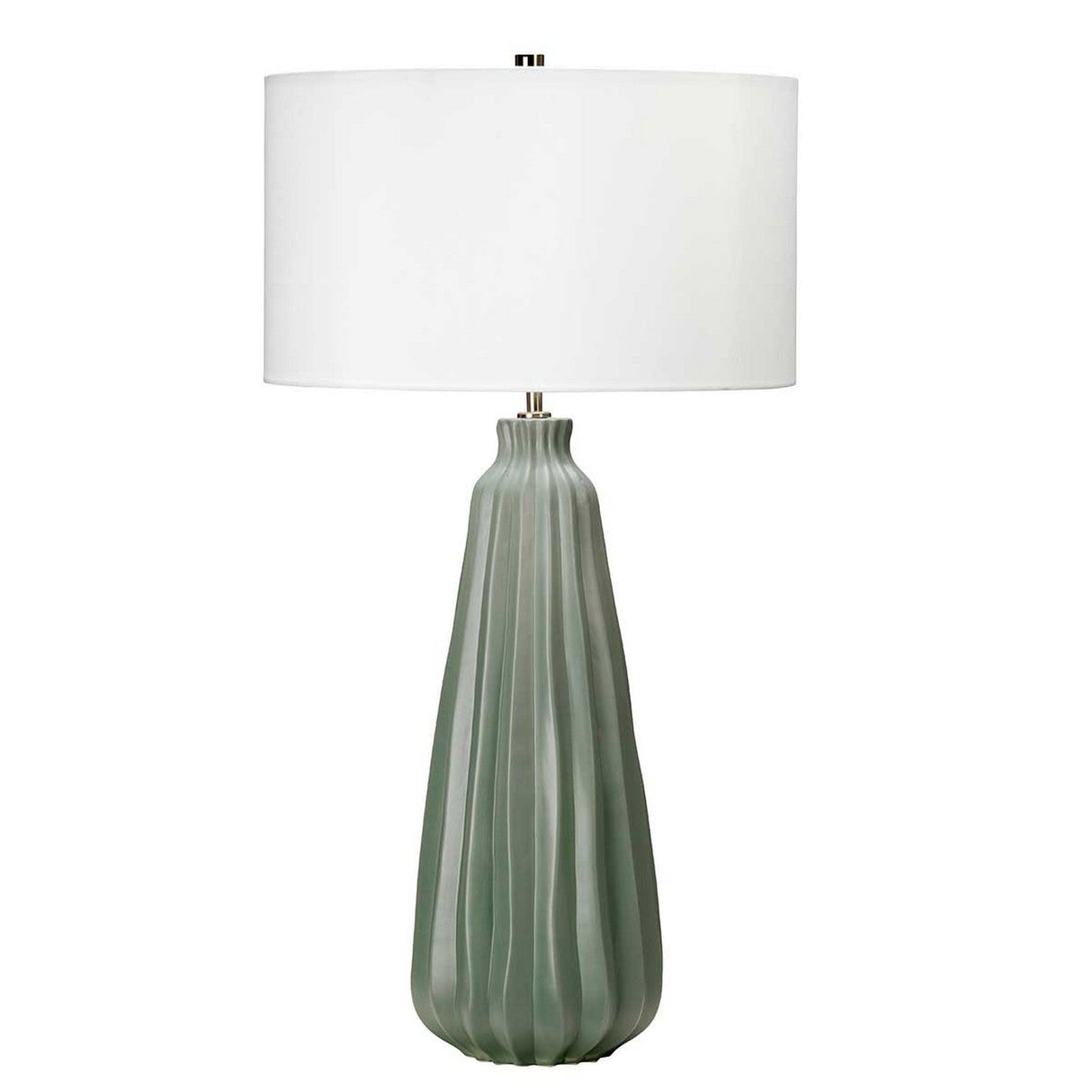 Introducing the Kew 1 Light Table Lamp, featuring a contemporary design with a botanical-inspired sage green ceramic base adorned with vertical ridges and topped with a large, white cylindrical lampshade.