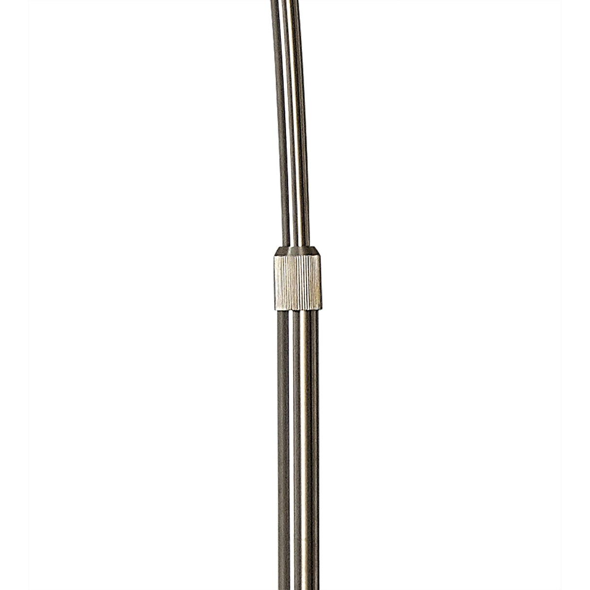 A close-up of the Kinke Floor Lamp With Hook - Black shows its brushed metal rod and textured cylindrical connector, highlighting the modern black stainless steel design against a plain white background.
