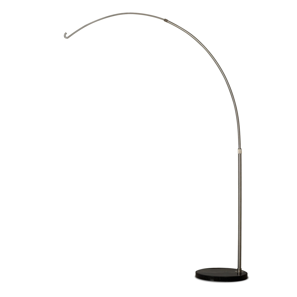 The Kinke Floor Lamp With Hook - Black features a tall, curved stainless steel design with a round base and hook, perfect for hanging chairs or decorations. Its modern look suits indoor or outdoor spaces. Shown against a plain white background.