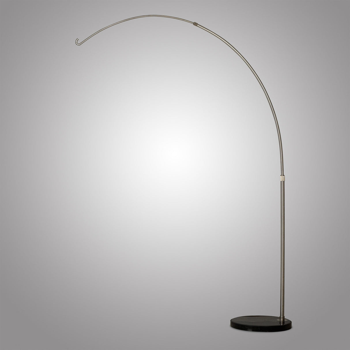 The Kinke Floor Lamp With Hook - Black features a tall, curved black stainless steel design with a hook at the end, supported by a round black base and displayed against a plain gray background.
