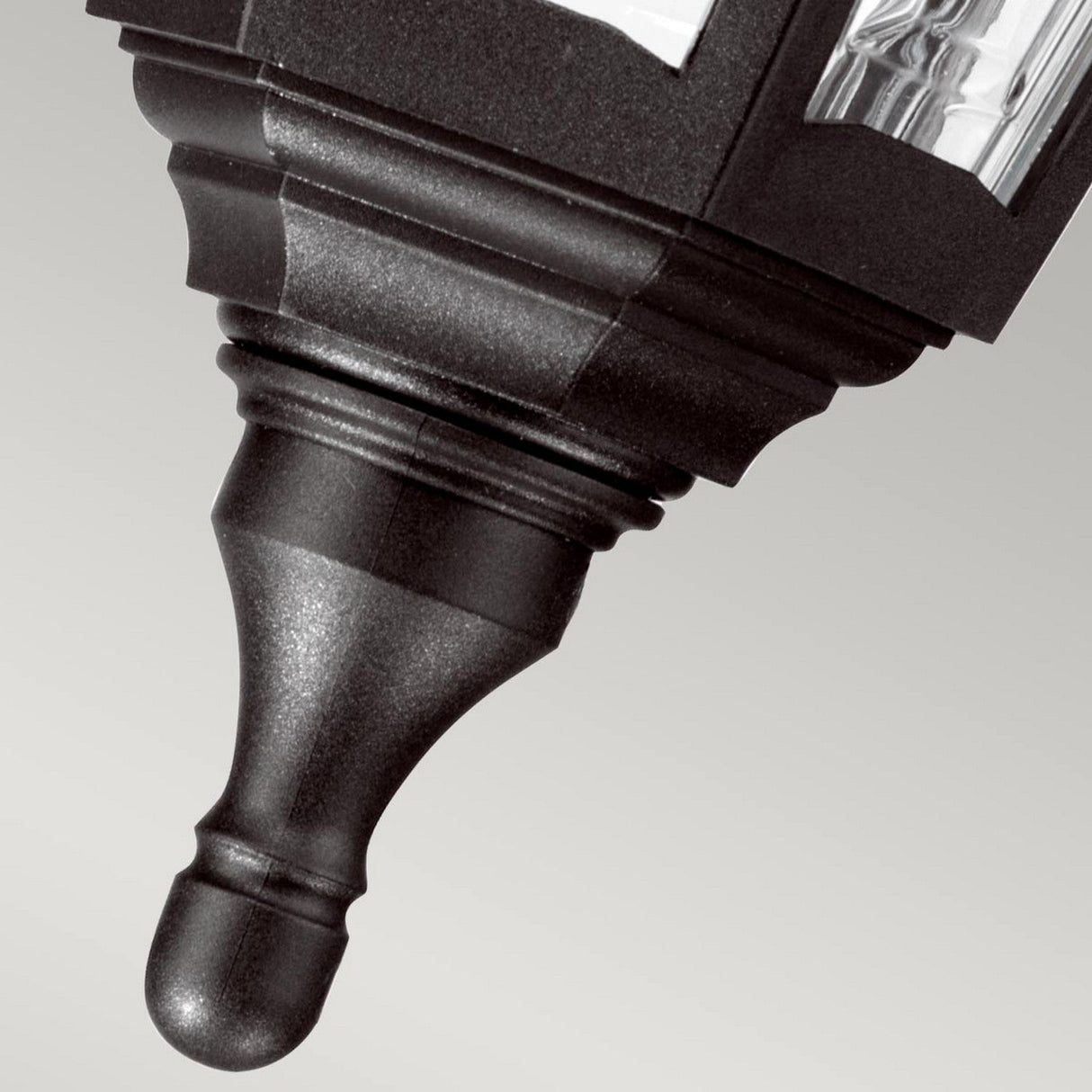 Close-up of the Kinsale 1 Light Outdoor Chain Pendant in black against a light gray background, highlighting its smooth, elegant design and glossy finish.