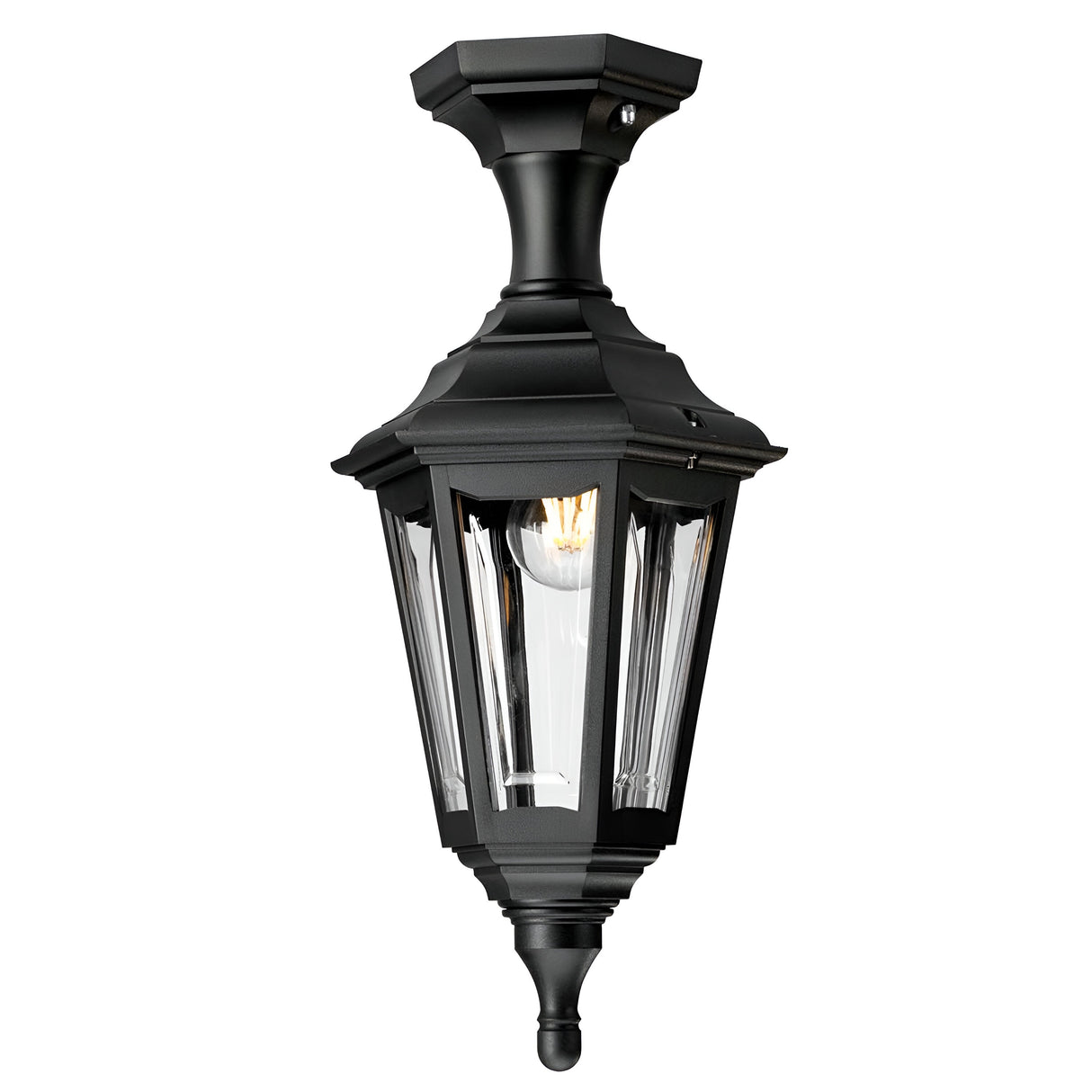 Introducing the Kinsale 1 Light Pedestal/Porch Light in black, boasting a classic design with clear glass panels that showcase a visible light bulb inside. This weather-resistant fixture features decorative top and bottom details, making it ideal for porch or patio lighting while ensuring long-lasting durability against the elements.