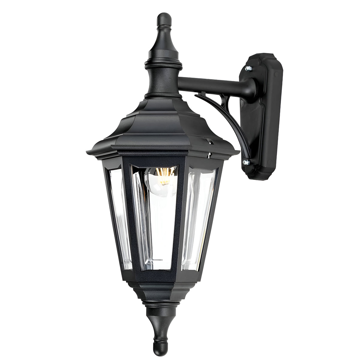 The Kinsale-2 1 Light Outdoor Wall Light in black showcases a classic design with glass panels that expose the visible bulb inside. It is mounted on a rectangular base plate and is ideal for coastal environments due to its corrosion-proof materials.