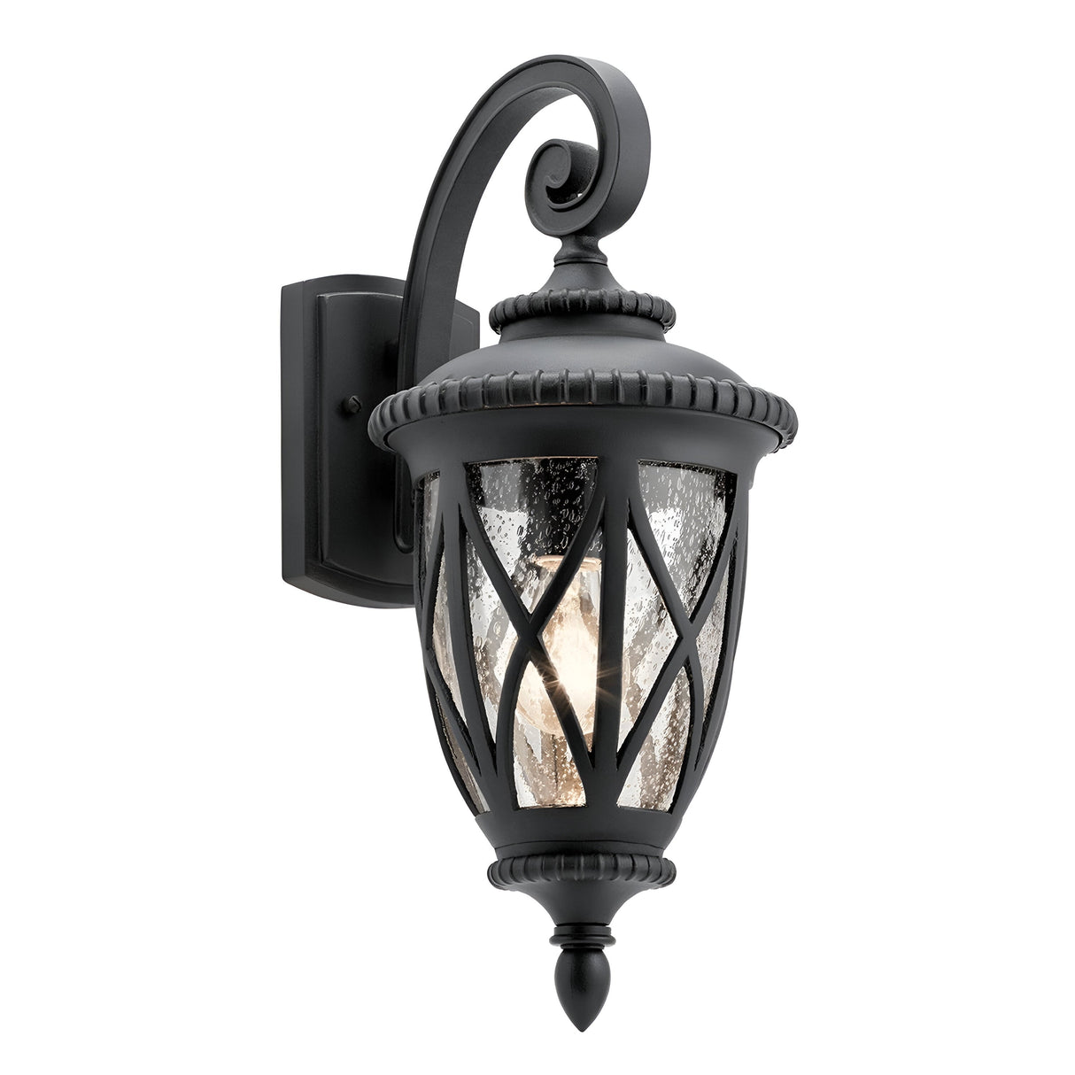 The Admirals Cove Outdoor 1 Light Medium Wall Lantern in black captures a Tudor-inspired style with its decorative scroll arm and clear glass panels featuring a diamond pattern, offering a classic design and textured black finish that brings timeless elegance to any exterior setting.