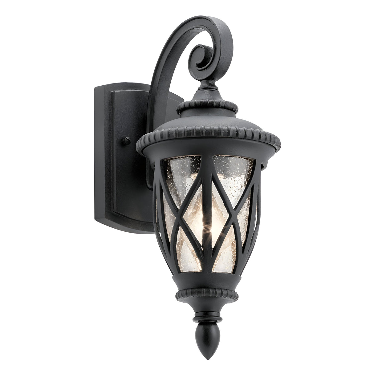 Introducing the Admirals Cove Outdoor 1 Light Small Wall Lantern in black, featuring a classic design with a curved arm and textured glass panes. This IP44 rated lantern is mounted on a rectangular base, adorned with decorative accents to bring a traditional and elegant look to any outdoor space.
