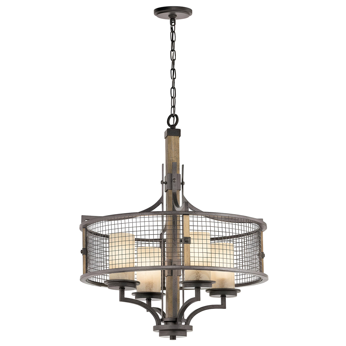 The Ahrendale 4 Light Chandelier in Grey features a rustic Anvil Iron mesh drum shade suspended from a chain. It houses four candle-style lights that emit a warm glow, while the combination of wood and metal elements enhances its vintage-industrial design, exuding rustic charm.