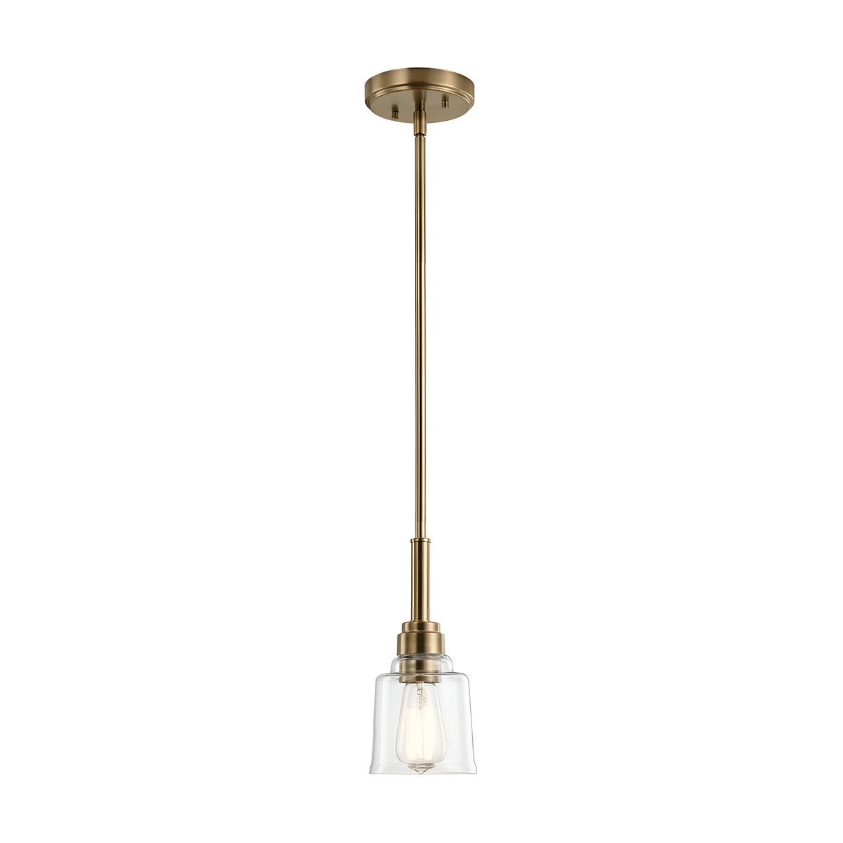 The Aivian 1 Light Pendant in weathered brass hangs from the ceiling, showcasing a clear glass shade. Its minimalist and elegant design highlights a single visible bulb encased in glass, seamlessly blending industrial-inspired lighting with modern sophistication.