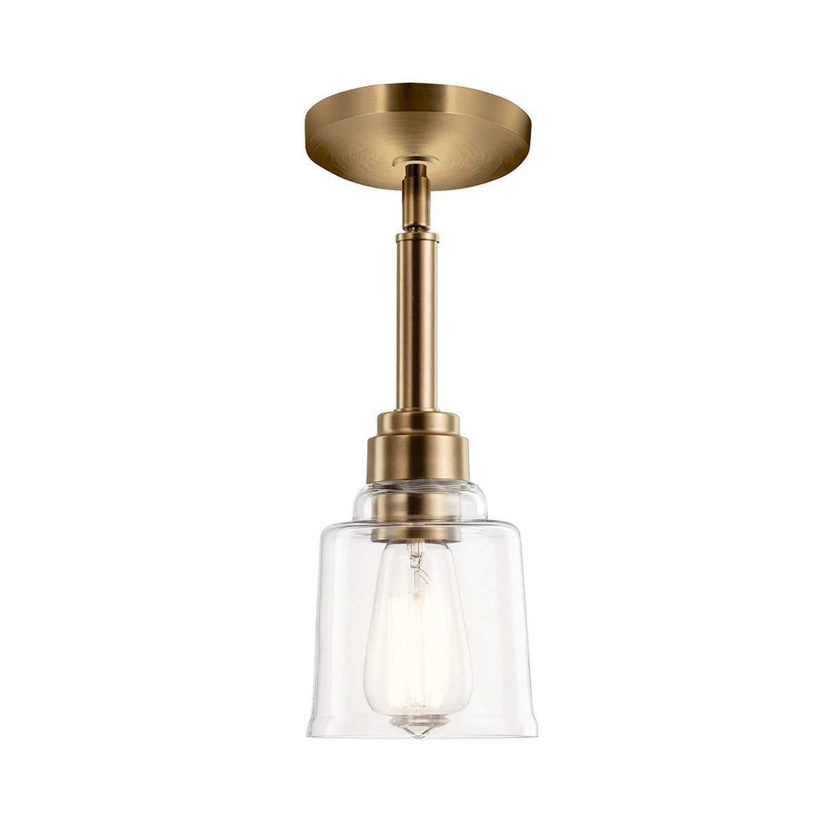 The Aivian 1 Light Pendant in weathered brass features a clear glass shade and an exposed vintage-style bulb, showcasing a sleek, modern design. This convertible light fixture exudes industrial-inspired elegance and is suspended from a round ceiling mount.