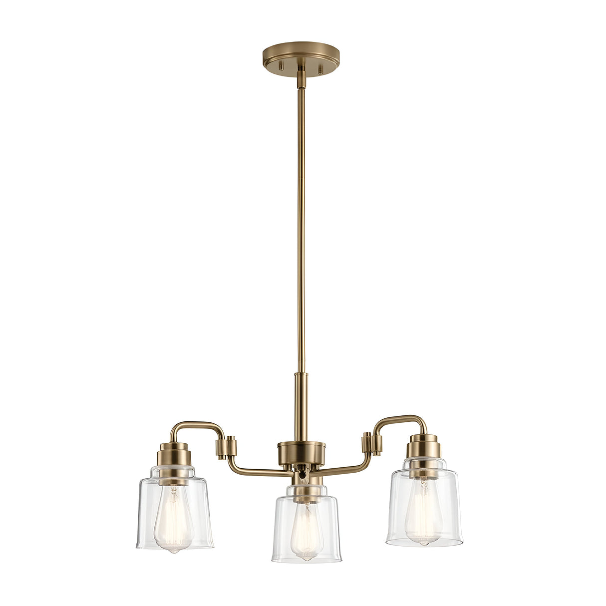 The Aivian 3 Light Chandelier in Weathered Brass epitomizes modern elegance with its clear glass shades. Hanging from a central rod, it highlights exposed vintage-style bulbs that blend industrial aesthetics seamlessly against a white background.