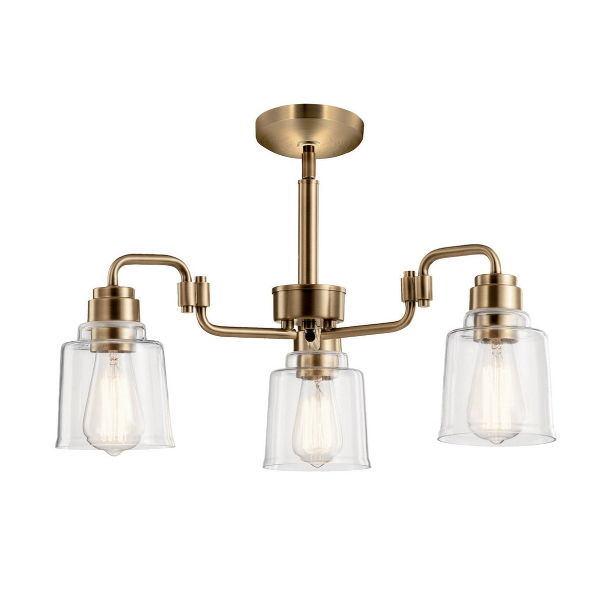 The Aivian 3 Light Chandelier in Weathered Brass features a modern and elegant design with three clear glass shades, each encasing an Edison bulb. Its curved arms extend from a central rod, showcasing an industrial aesthetic that enhances any space.