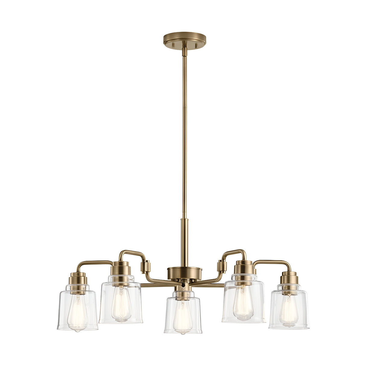 The Aivian 5 Light Chandelier in weathered brass showcases an industrial design, featuring five clear glass shades and vintage-style bulbs. Its structure consists of a straight central rod connecting to the ceiling mount, with gracefully curved arms extending outward to hold each light.