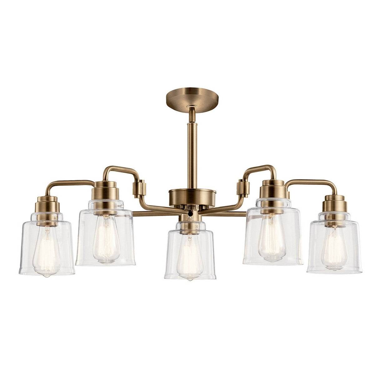 The Aivian 5 Light Chandelier in weathered brass is a stunning creation featuring five lights adorned with clear glass shades and exposed filament bulbs. Its central rod expands into a circular industrial-style configuration, offering a bold design that enhances the character of any room.