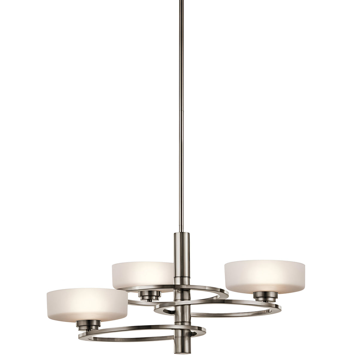 The Aleeka 3 Light Chandelier - Silver is a contemporary lighting piece with a sleek metal design reminiscent of a silver chandelier. It features a central rod with three circular arms, each supporting a round white glass shade, making it an ideal choice for enhancing modern interiors. The fixture is elegantly suspended from a long vertical rod.