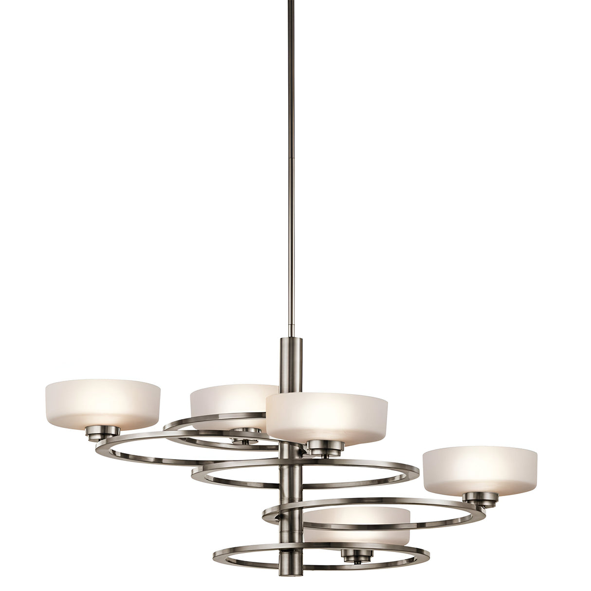 The Aleeka 5 Light Chandelier in Silver is a modern lighting fixture inspired by celestial designs, showcasing four circular metal rings that support white frosted glass shades. It is elegantly suspended from a single central rod, making it an ideal choice for contemporary interiors.