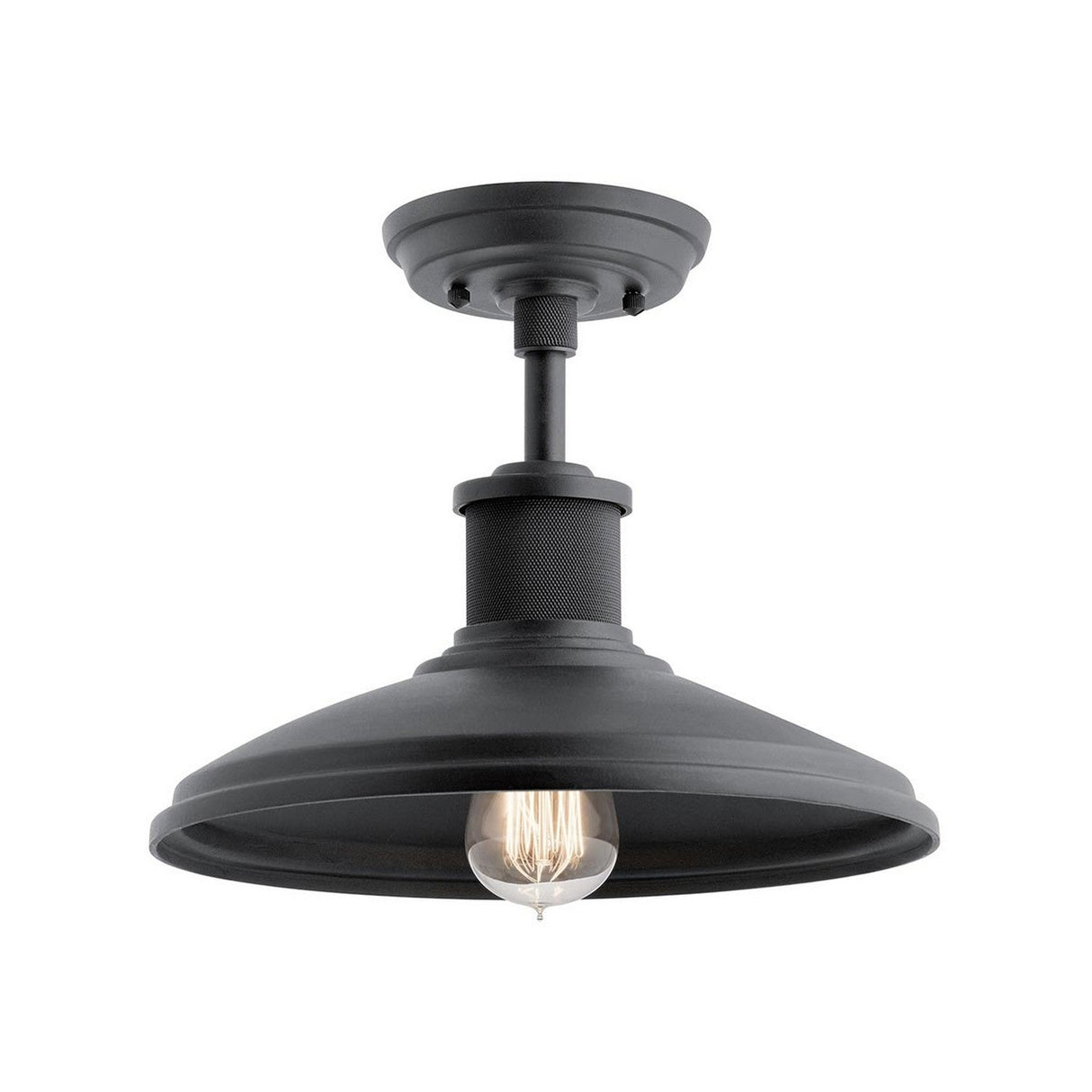 The Allenbury Outdoor 1 Light Pendant - Black showcases an industrial-style ceiling light fixture with a wide metal shade and an exposed bulb, offering rugged charm through its textured black finish. Designed for durability, its weather-resistant construction ensures longevity when mounted on a short rod outdoors.