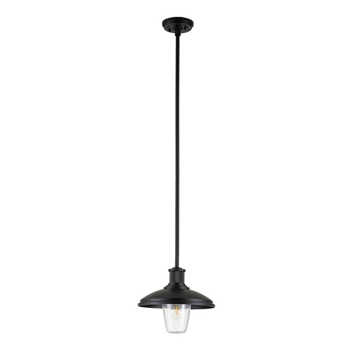 The Allenbury Outdoor 1 Light Pendant in black features a long rod with a circular, industrial-style shade and boasts a textured black finish. This pendant light includes a clear glass bulb cover and elegantly hangs from a ceiling mount.