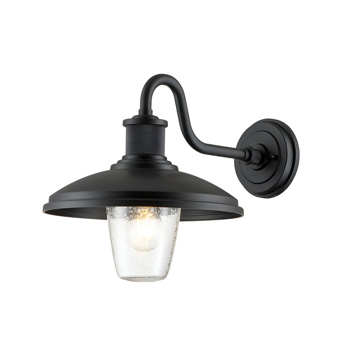 Introducing the Allenbury Outdoor 1 Light Medium Wall Lantern in black, featuring a vintage industrial style with a curved arm and round base. It includes a clear glass shade that encases the light bulb, providing an IP44-rated weather-resistant charm for your outdoor space.