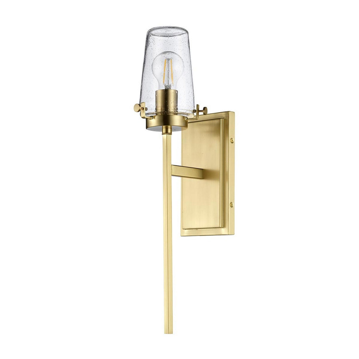 The Alton 1 Light Wall Light in brushed brass features a sleek rectangular base, perfect for enhancing bathroom decor. It showcases a tall vertical design with a clear glass shade that encases an industrial-era charm using its vintage-style light bulb.