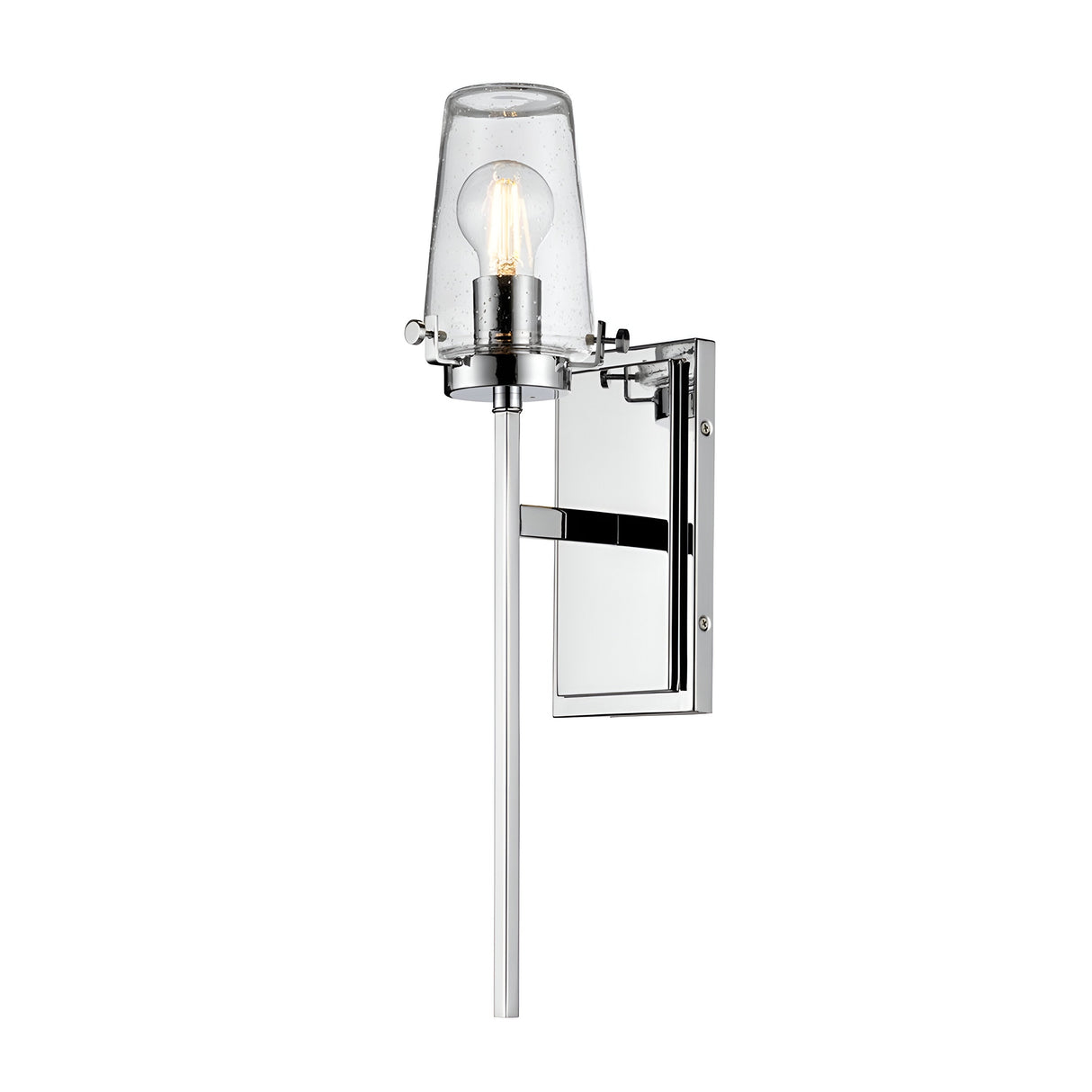 The Alton 1 Light Wall Light - Chrome features a sleek, minimalist design with a chrome finish and clear glass shade that highlights the visible bulb. Its modern appeal is enhanced by being mounted on a rectangular backplate, making it an ideal IP44 rated wall light for contemporary spaces.