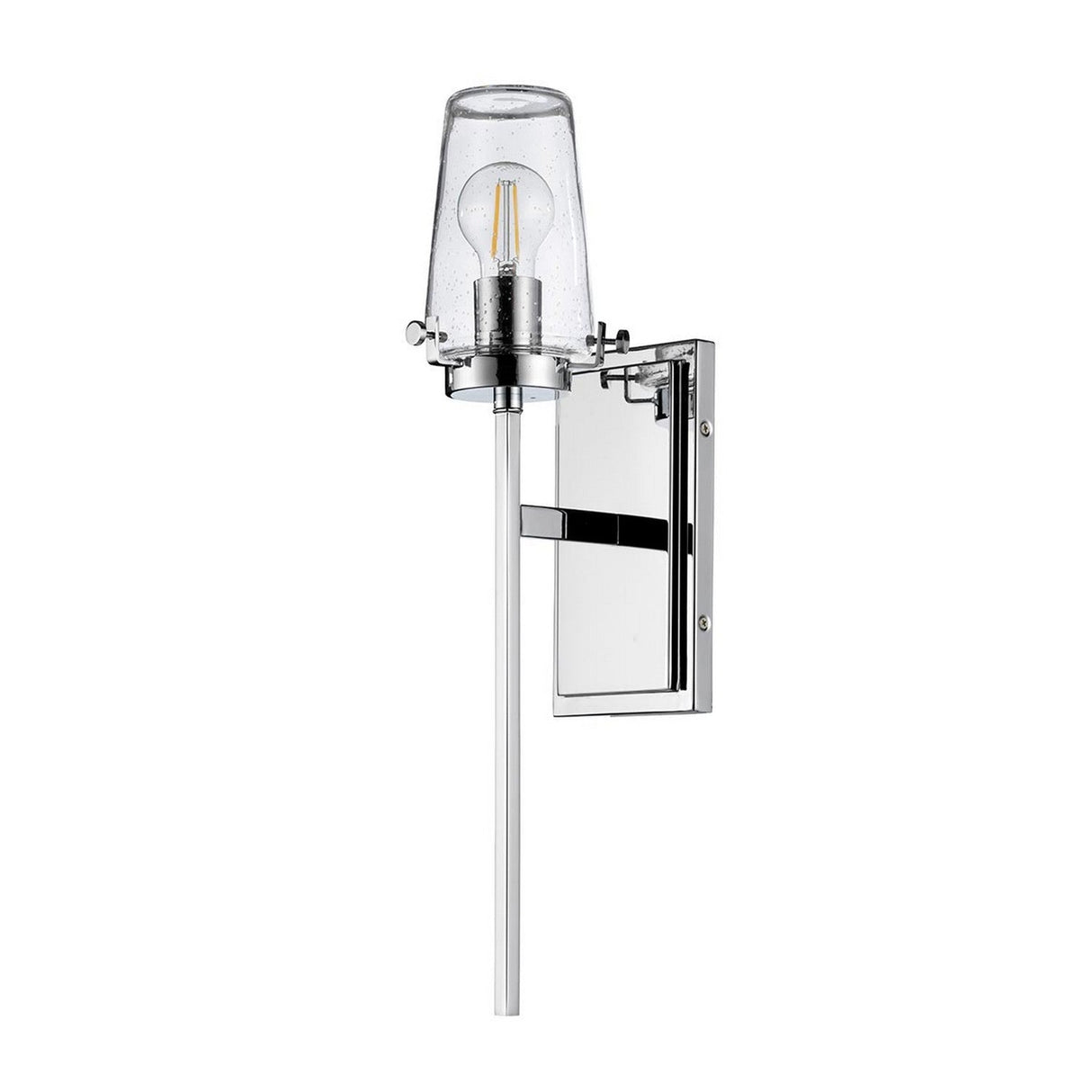 The Alton 1 Light Wall Light in Chrome is ideal for industrial bathroom lighting, featuring a sleek finish and a clear glass shade that showcases a visible Edison bulb. Its rectangular base with minimalist design harmonizes beautifully with the vertical metal rod.