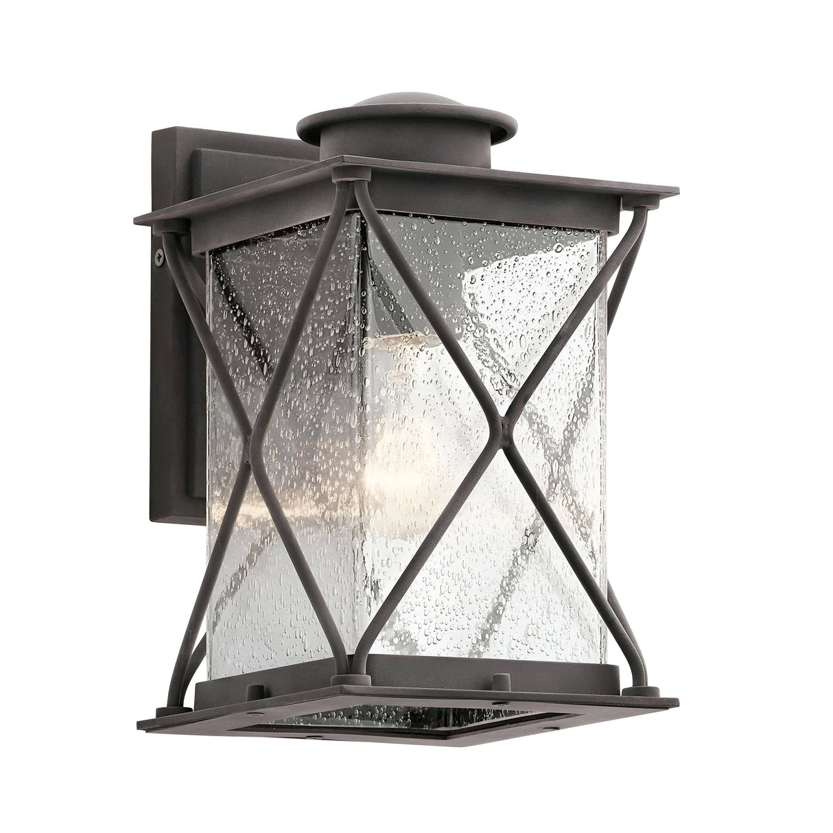 The Argyle Outdoor 1 Light Small Wall Light in Weathered Zinc features a geometric metal frame paired with seeded glass panels. Designed to accommodate a light bulb, it presents an elegant and modern style for your exterior lighting needs.