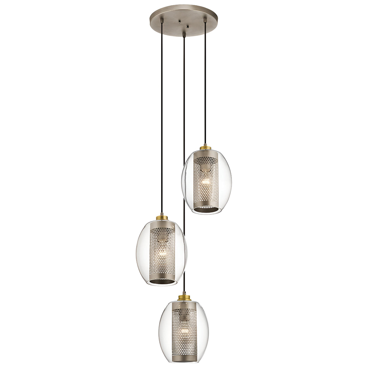 The Asher 3 Light Pendant - Silver exudes a modern industrial-inspired aesthetic, featuring three cylindrical mesh lampshades that are suspended at varying heights. Each lampshade is encased in an oval glass casing and hangs from black cords attached to a circular ceiling mount. The silver finish provides an elegant touch.