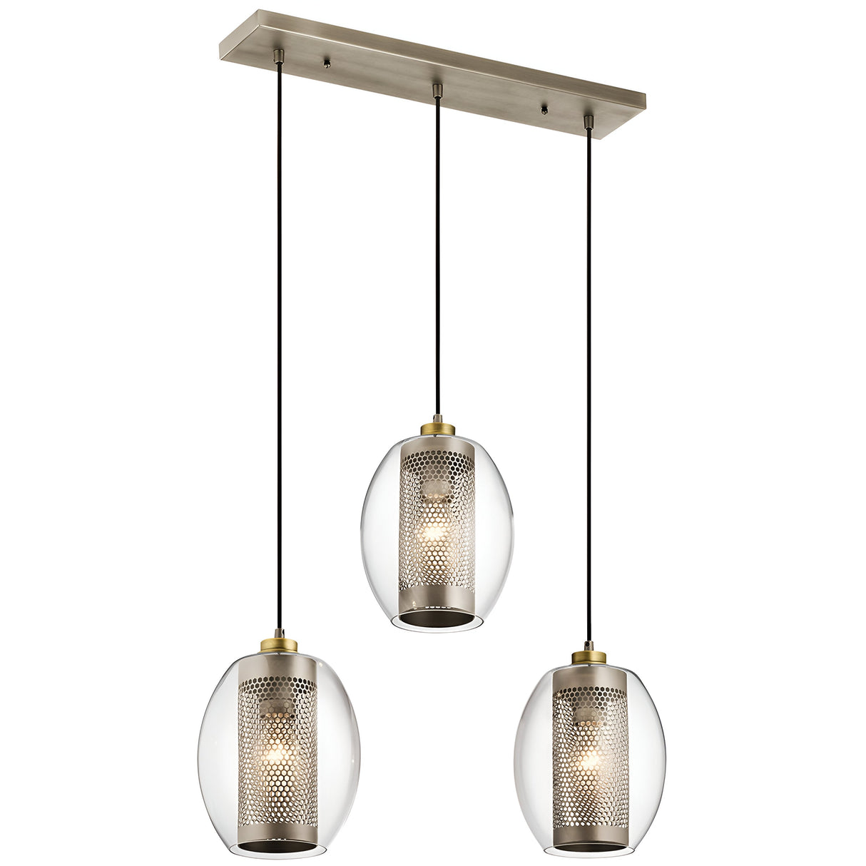 The Asher 3 Light Pendant Rectangle - Silver showcases a modern design with three cylindrical bulbs encased in clear glass shades. Each bulb is surrounded by a perforated metallic cylinder, creating an industrial lighting aesthetic, suspended from a rectangular metal canopy using black cords.