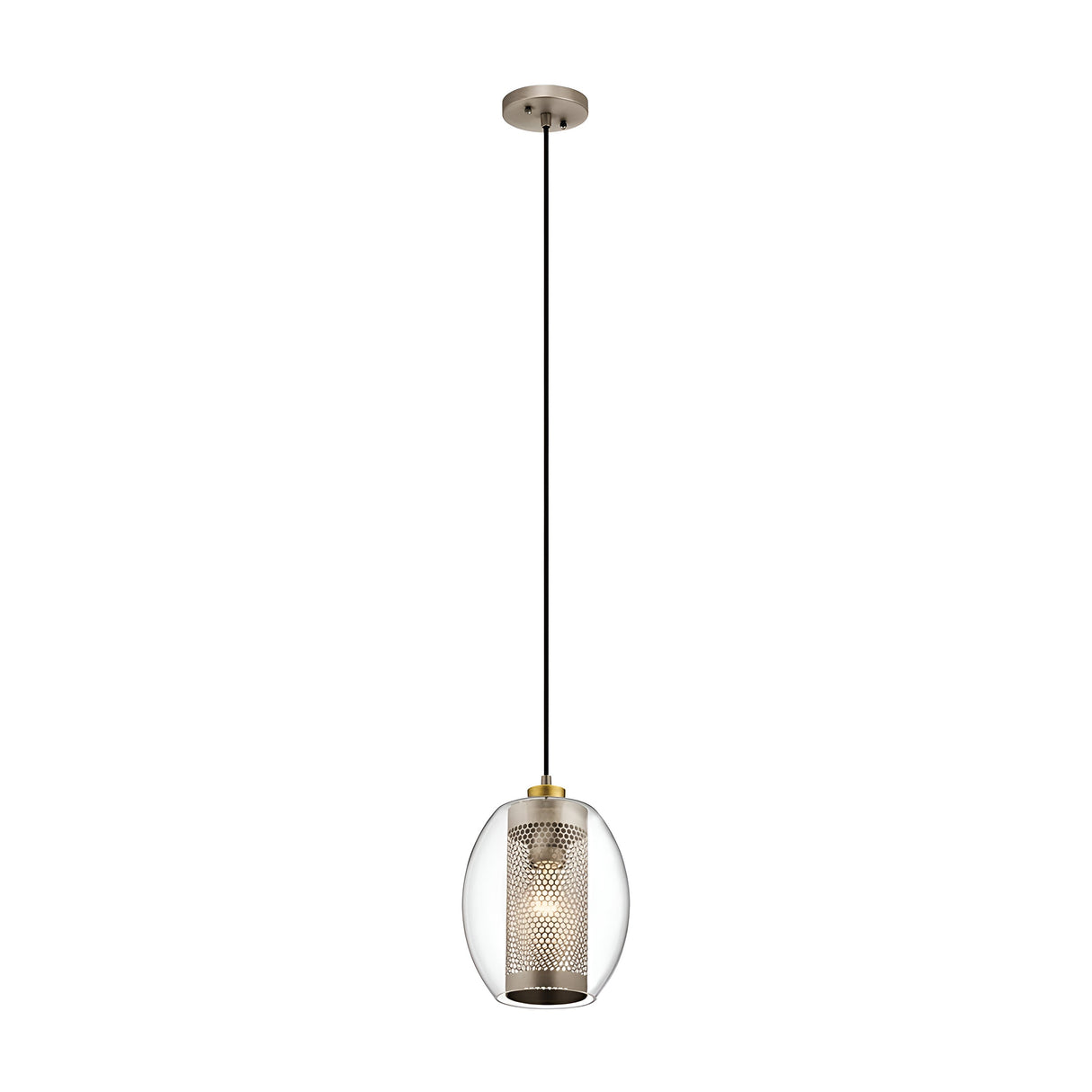 Explore the Asher 1 Light Mini Pendant in Silver, a modern design masterpiece boasting a clear glass shade with an industrial-inspired mesh cylinder interior. This chic fixture elegantly suspends from a black cable connected to a sleek metallic ceiling mount, bringing contemporary flair to any space.