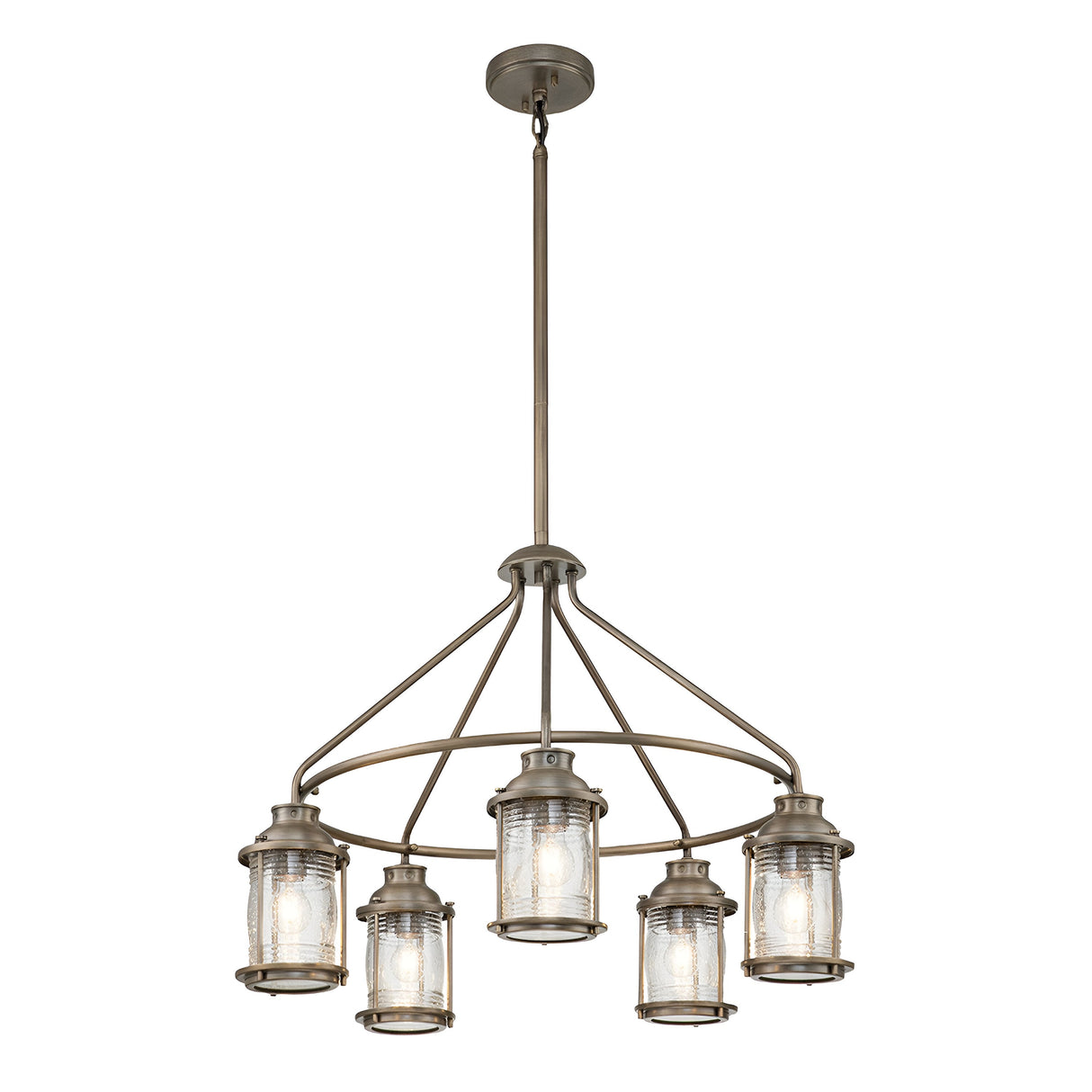 The Ashland Bay Outdoor 5 Light Chandelier boasts a circular frame with five cylindrical lanterns made from seeded glass, each containing a glowing bulb. Its industrial design is highlighted by a burnished bronze finish and is elegantly suspended by a rod.