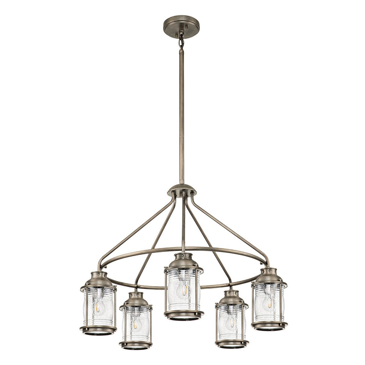 The Ashland Bay Outdoor 5 Light Chandelier in burnished bronze boasts a modern design with five lantern-style lights arranged in a circular pattern. Each light is adorned with a clear, seeded glass shade and suspended from a central rod, enhancing the ambiance of any outdoor space.
