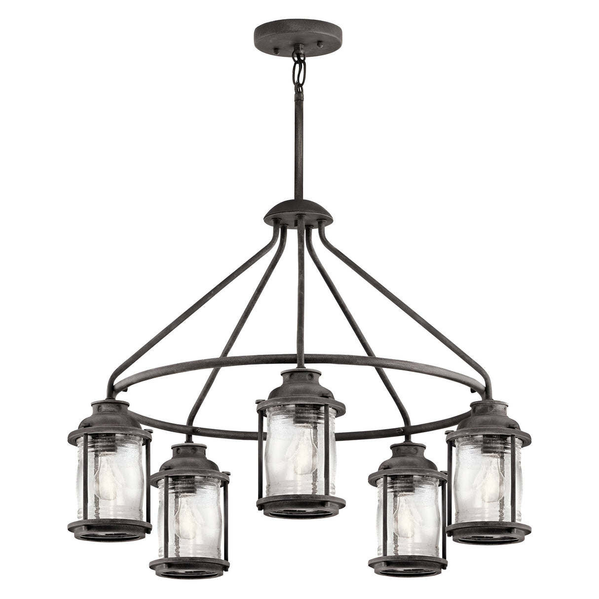 The Ashland Bay Outdoor 5 Light Chandelier in Weathered Zinc boasts a rustic design with five clear glass lantern-style shades arranged in a circular pattern. Crafted from weathered zinc and dark metal, it includes a chain that hangs from the ceiling mount, bringing vintage ambiance to any space.