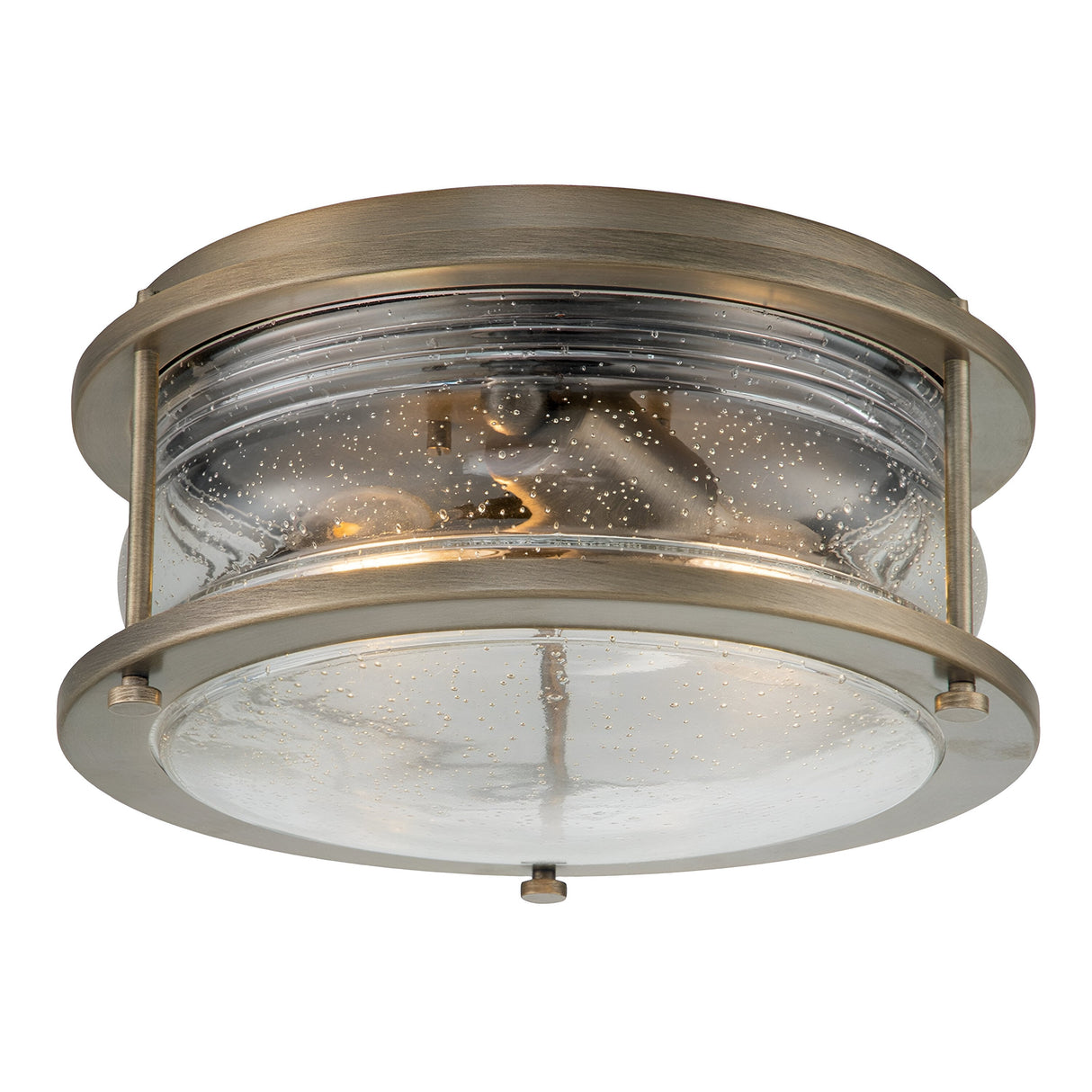 The Ashland Bay Outdoor 2 Light Ceiling Flush in Burnished Bronze is a round fixture with a glass cover showcasing small air bubbles. Its simple, modern design and warm metallic finish harmonize elegantly with optional Edison-style bulbs for soft light diffusion.