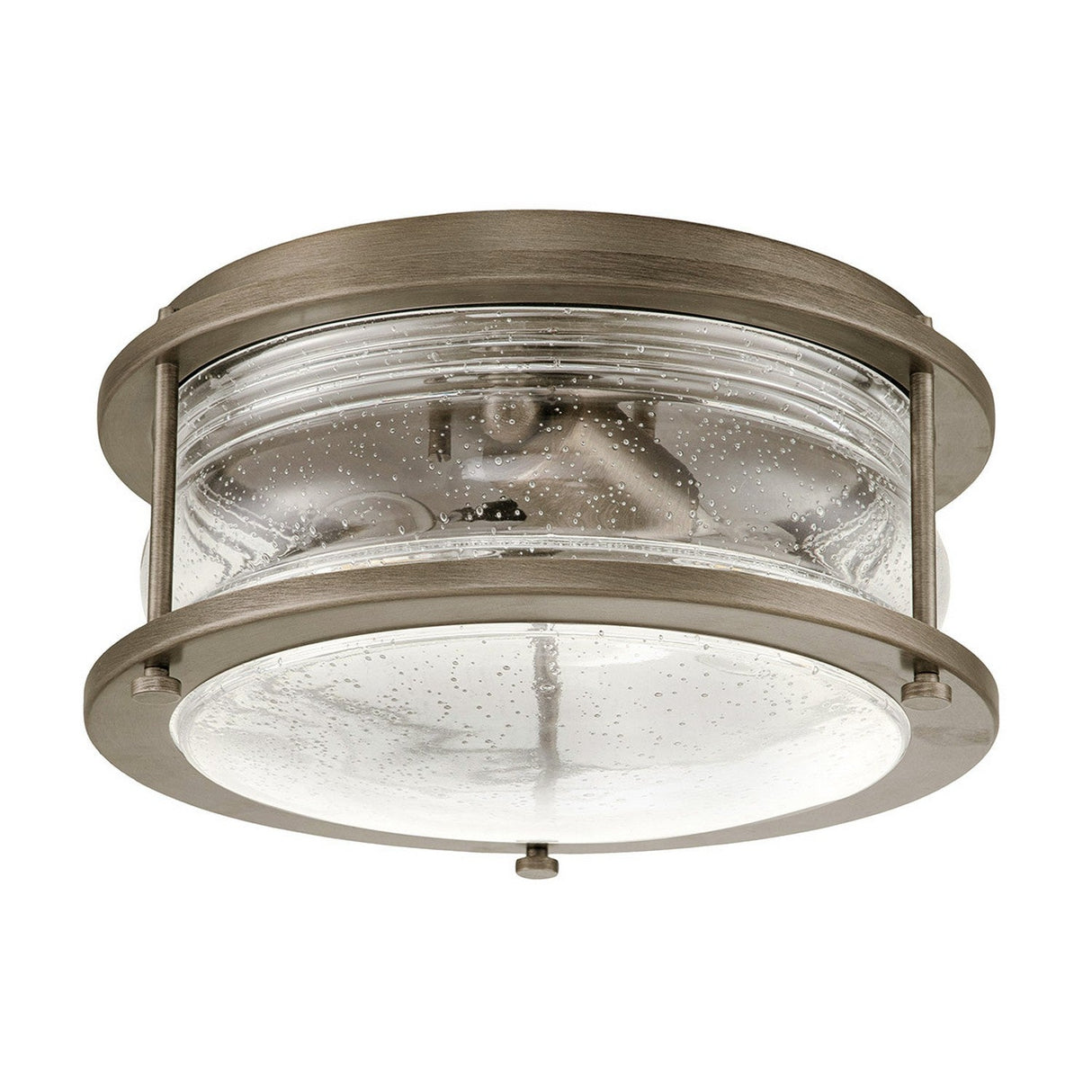 The Ashland Bay Outdoor 2 Light Outdoor Ceiling Flush in burnished bronze showcases a distinct bubble-like design with a clear, textured glass shade. Enhance its modern aesthetic by pairing it with Edison-style bulbs for added warmth and sophistication.