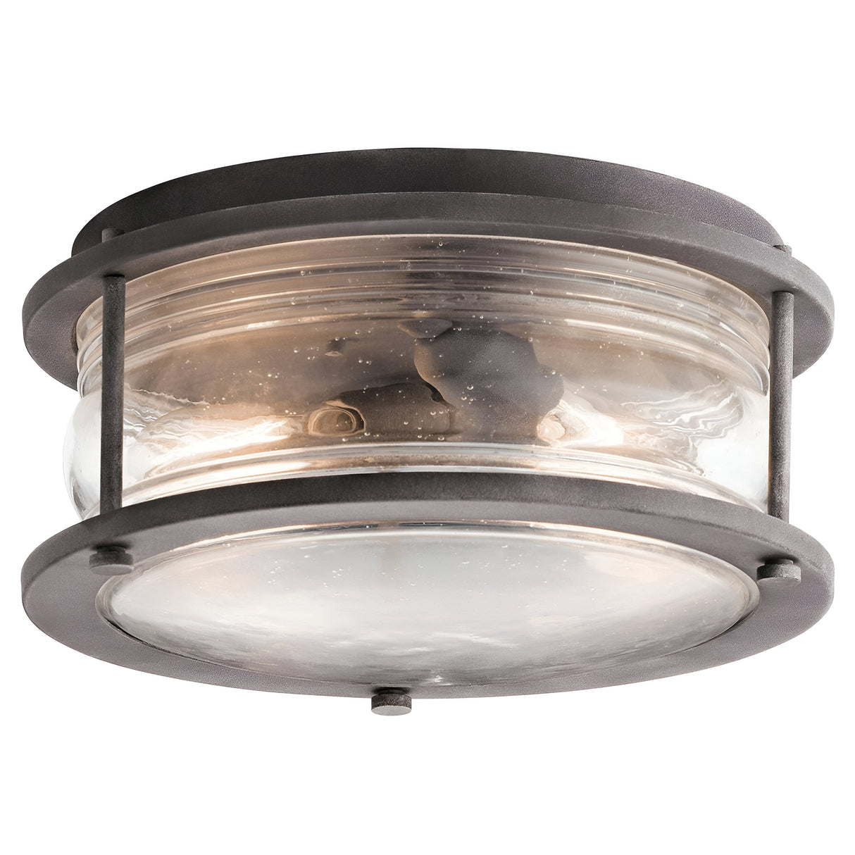 Introducing the Ashland Bay Outdoor 2 Light Ceiling Flush, an industrial-style fixture featuring a weathered zinc finish with a round metal frame. This outdoor light boasts a clear seeded glass cover with two visible bulbs, dark metal bands, and a textured surface for a vintage appeal.