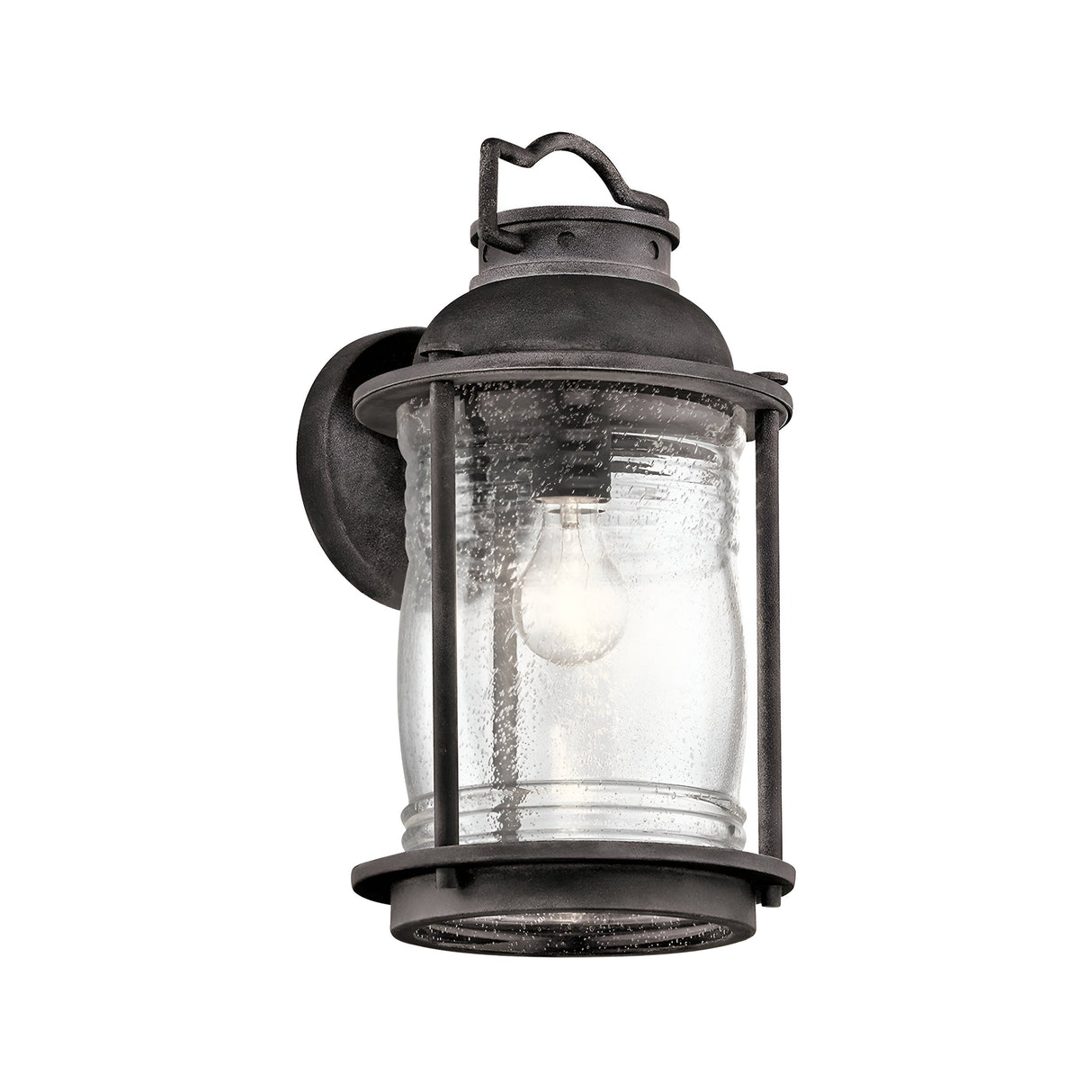 Introducing the Ashland Bay Outdoor 1 Light Large Wall Lantern in Weathered Zinc, featuring a vintage-style design with a black metal frame and clear glass that elegantly displays an LED Edison bulb. This lantern is perfect for garden or porch lighting, offering a touch of rustic charm reminiscent of old-fashioned lanterns.