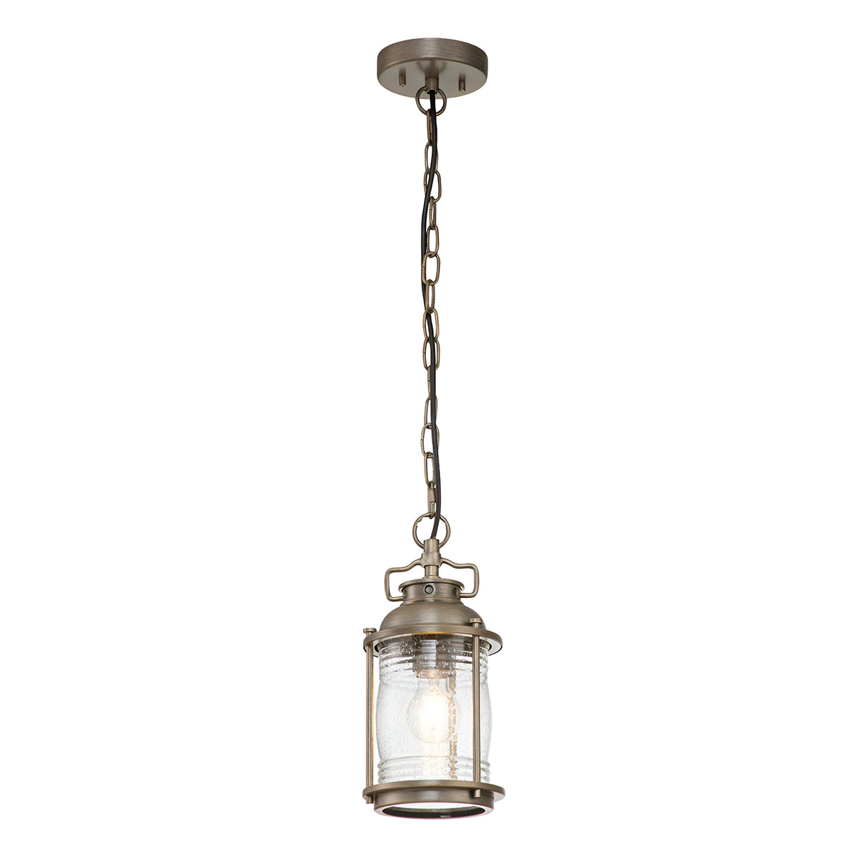 Introducing the Ashland Bay Outdoor 1 Light Small Chain Lantern in Burnished Bronze. This stunning hanging pendant light features a metal chain and glass lantern-style fixture. Its burnished bronze finish and classic design infuse industrial charm with vintage warmth, making it perfect for enhancing both indoor lighting decor and creating an inviting outdoor lantern atmosphere.