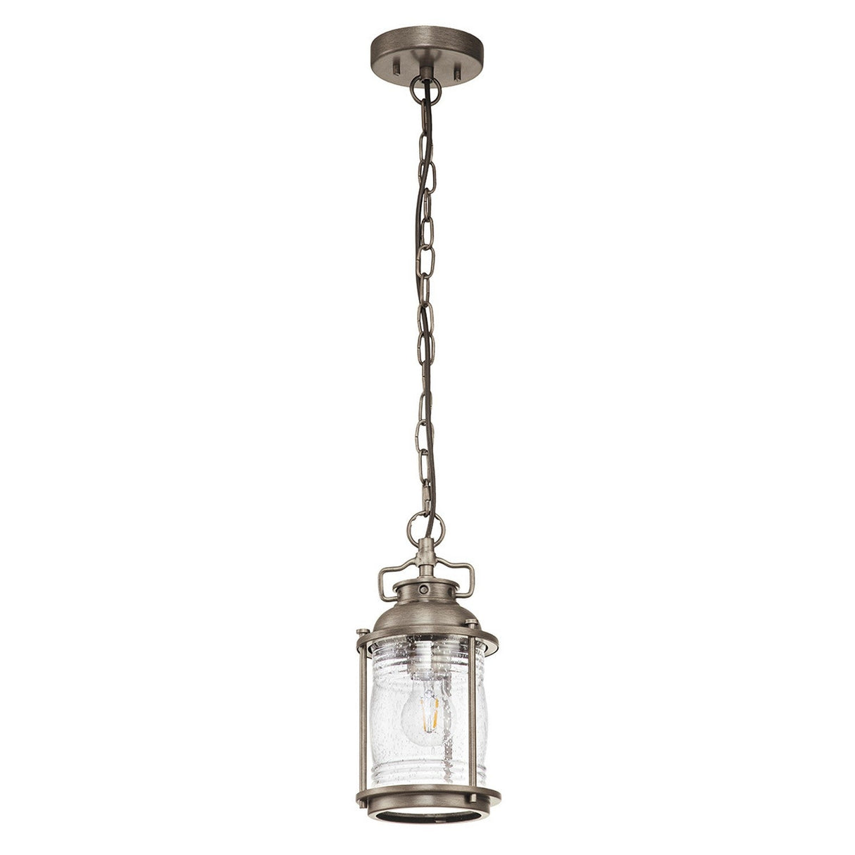 The Ashland Bay Outdoor 1 Light Small Chain Lantern in burnished bronze showcases an industrial design with a clear glass shade. It hangs gracefully from a metal chain, with a visible bulb inside the glass, exuding the charm of an outdoor lantern.