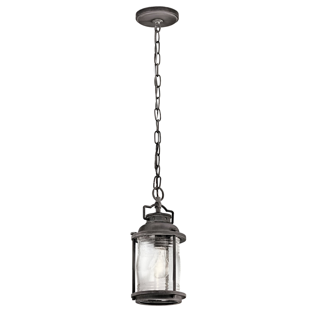 The Ashland Bay Outdoor 1 Light Small Chain Lantern in weathered zinc features a vintage-style design with a metal frame and glass enclosure. Hanging from a chain, it boasts a rustic industrial look with an elongated, cylindrical shape and visible LED Edison-style bulbs inside.