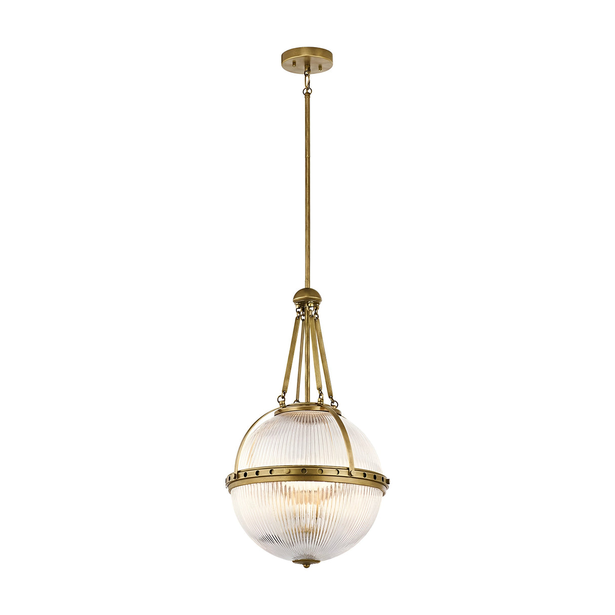 Discover the Aster 3 Light Pendant - Brass, a vintage-style fixture that features ribbed glass domes and an elegant brass finish. It hangs gracefully from an ornate rod connected to a circular ceiling mount, bringing timeless sophistication to any room.