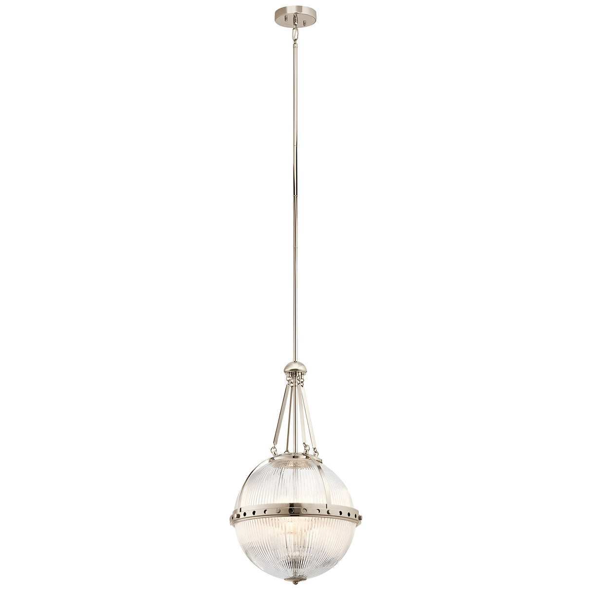 Explore the Aster 3 Light Pendant - Polished Nickel, a contemporary marvel featuring polished nickel details. Its spherical glass shade and metallic highlights are gracefully suspended from a sleek metal rod, seamlessly merging modern and industrial design elements.