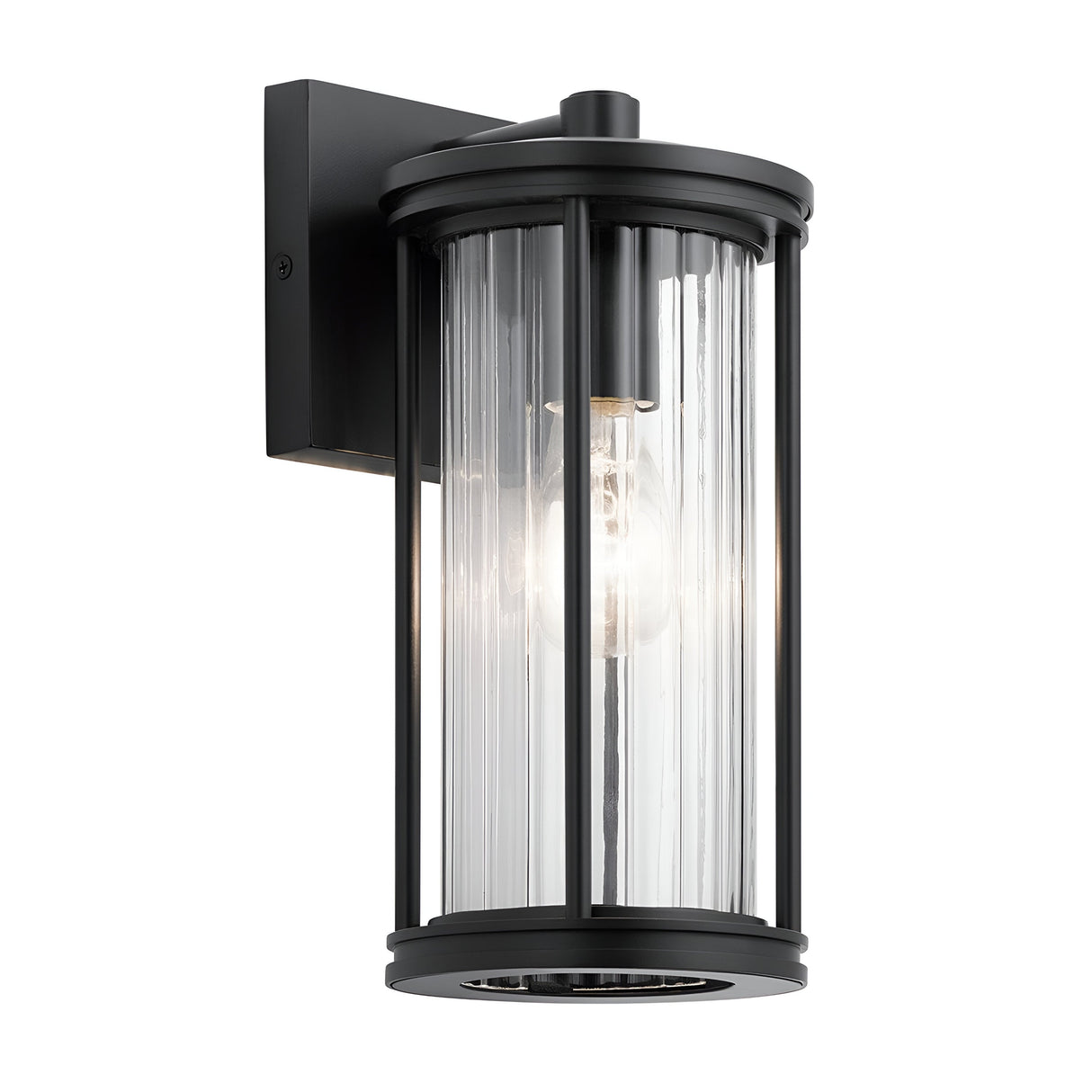 The Barras Outdoor 1 Light Small Wall Lantern in black boasts a modern design, featuring clear vertical glass panels that beautifully reveal the exposed bulb within. Its cylindrical shape and vintage charm lighting are mounted elegantly on a rectangular base, offering a timeless outdoor lantern aesthetic.