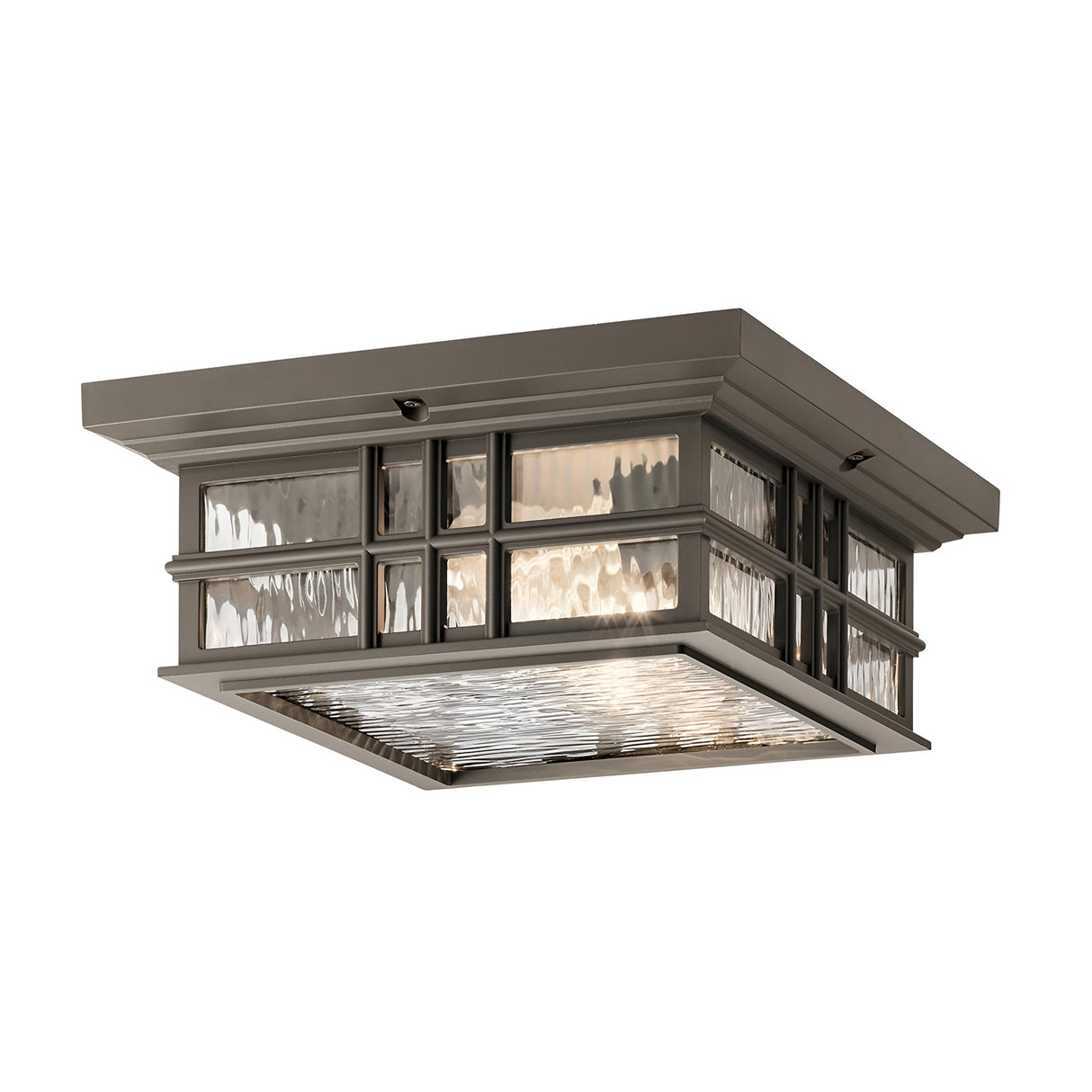 The Beacon Outdoor 2 Light Flush - Bronze is a ceiling-mounted square light fixture that draws inspiration from craftsmen architecture. It showcases an Olde Bronze metallic frame with textured glass panels on the sides and bottom, emitting a soft, ambient glow. This sleek, modern design is perfect for various indoor settings.