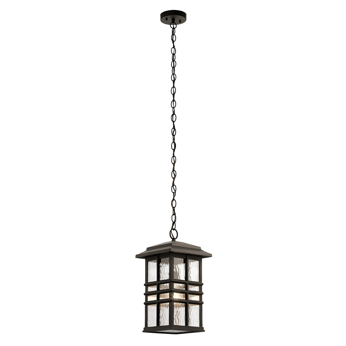 The Beacon Square Outdoor 1 Light Chain Lantern in bronze showcases an elegant rectangular design, highlighted by horizontal metal accents and frosted glass panels. Featuring a durable metal frame, it is suspended by a chain for a timeless outdoor lighting solution.