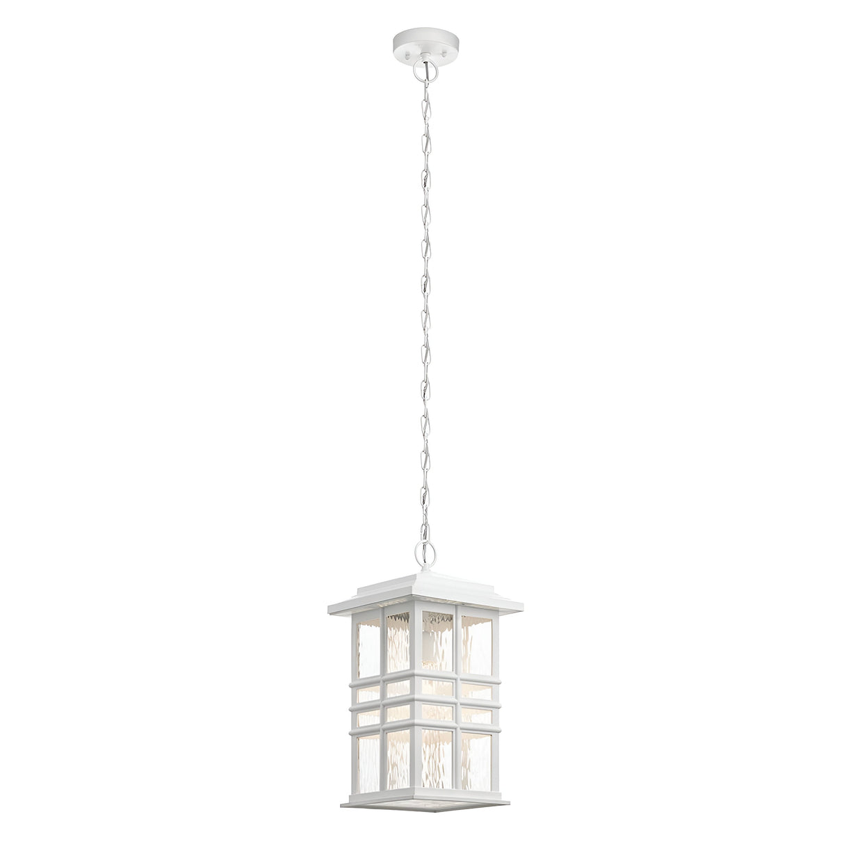 The Beacon Square Outdoor 1 Light Chain Lantern in white, with its rectangular design and textured glass panels, exudes Craftsman-Inspired Lighting. This classic lantern is elegantly suspended from a ceiling mount, embodying timeless charm.