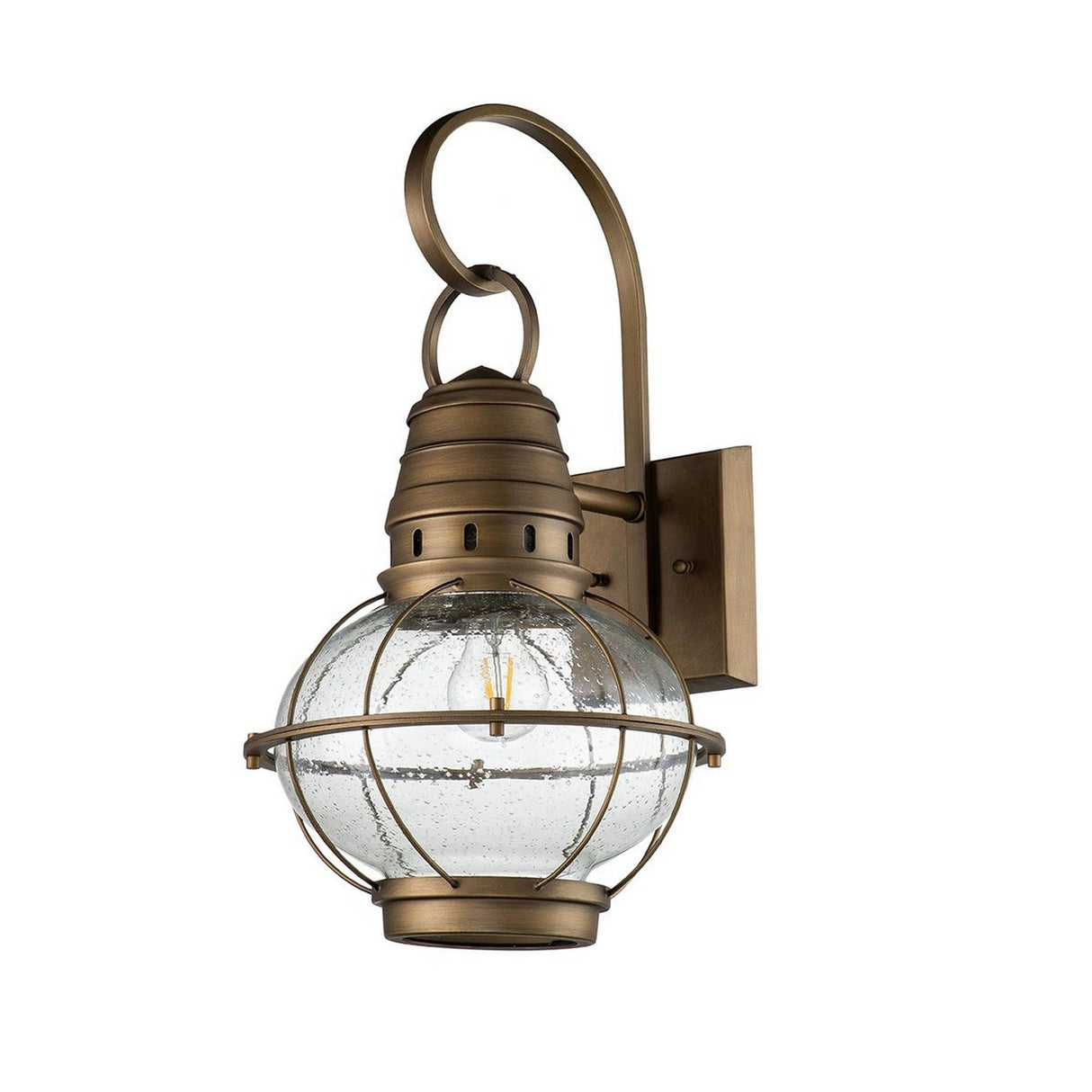 The Bridgepoint Outdoor 1 Light Large Wall Lantern in natural brass offers vintage nautical charm with its round seeded glass globe, mounted on a square backplate and elegantly connected by a curved arm.