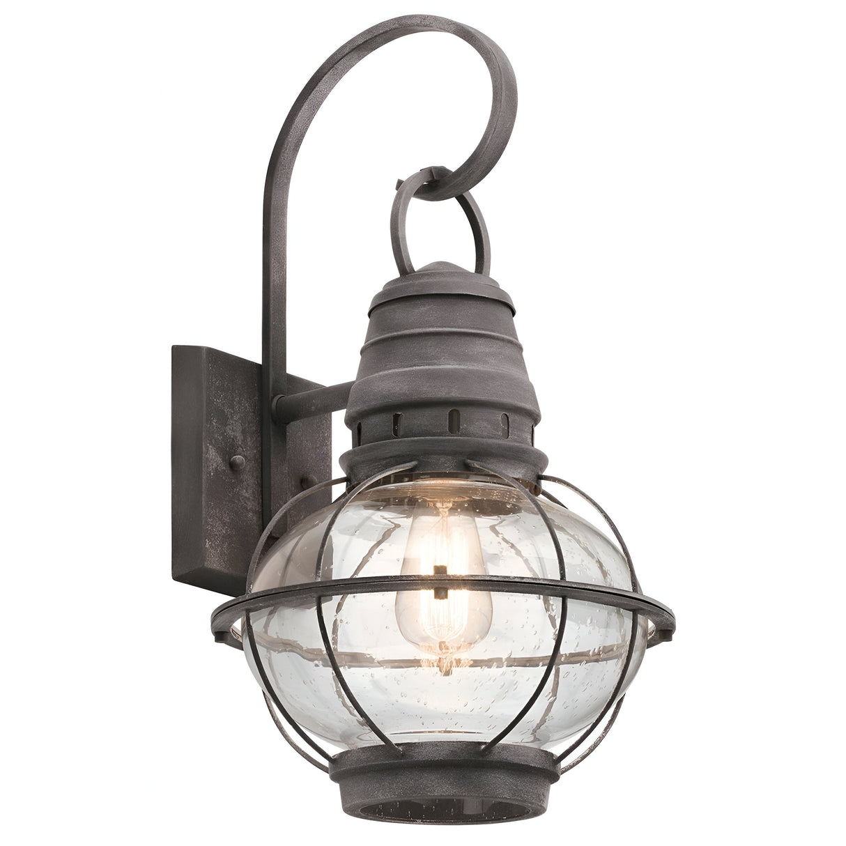 Introducing the Bridgepoint Outdoor 1 Light Large Wall Lantern in Weathered Zinc: This rustic wall-mounted lighting fixture features a glass globe encased in a protective metal cage and a decorative arm with a hook at the top.
