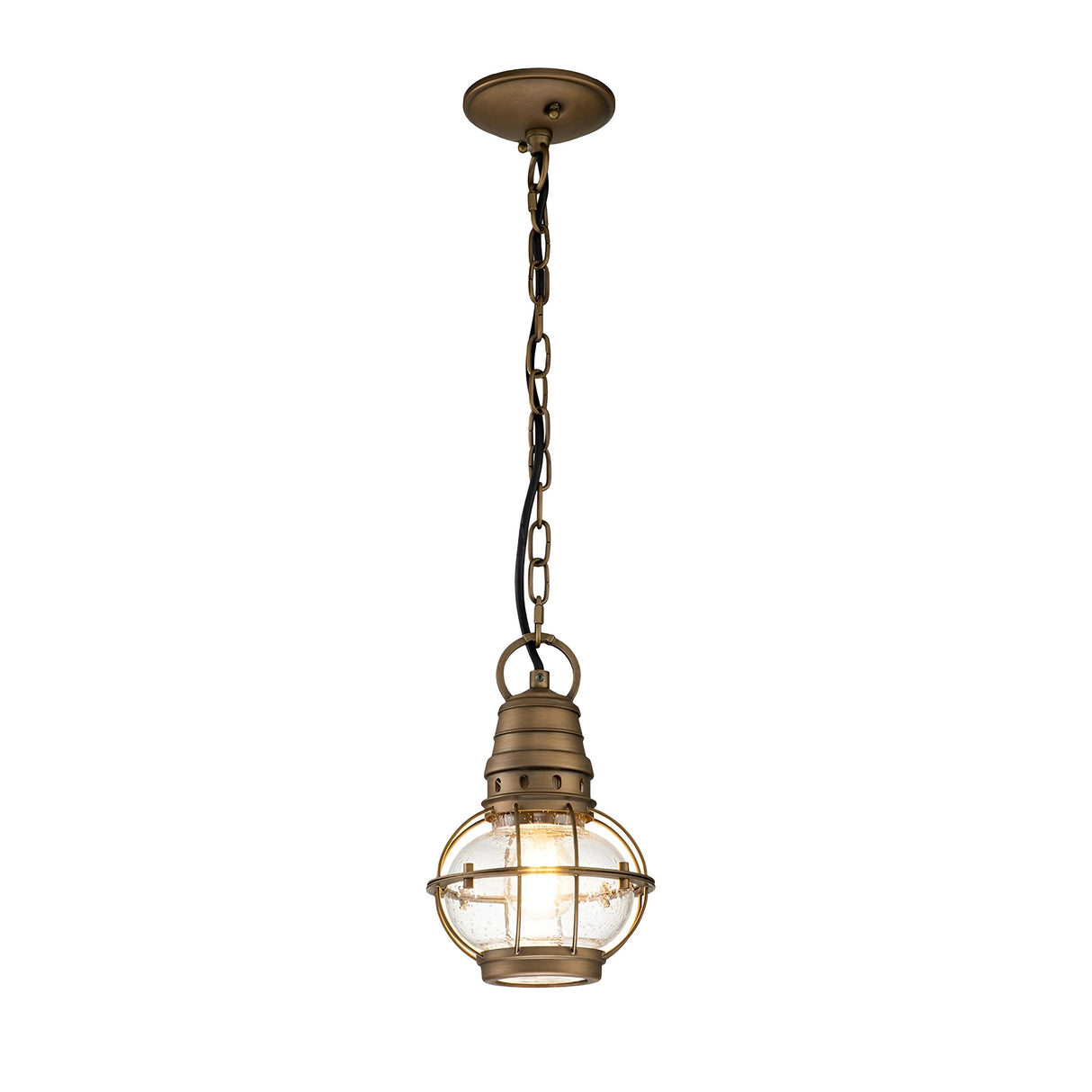 The Bridgepoint Outdoor 1 Light Small Chain Lantern in natural brass features a vintage design with a spherical seeded glass shade enclosed in a metal cage, hanging from a chain and circular ceiling mount.